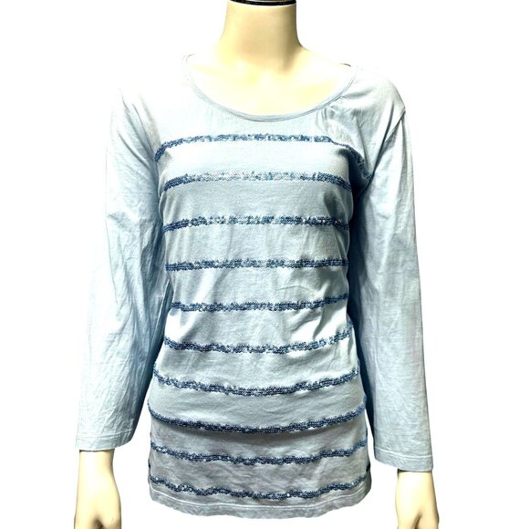 Chicos Light Blue Green Sequin Striped Long Sleeve Top Blouse Size 3 - Picture 1 of 12